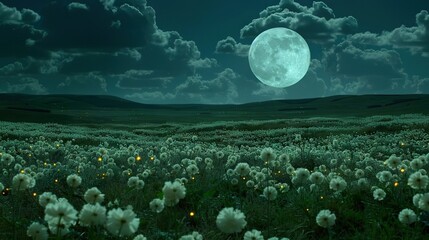 Poster -   A field brimming with white blossoms under a full moon, with the moon hovering over hilltops behind it