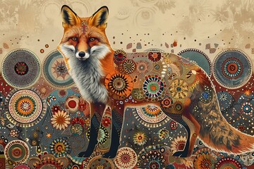 Poster - A curious fox made from circles, poka dots, and intricate floral patterns, against a backdrop of traditional designs combined with minimal boho aesthetics