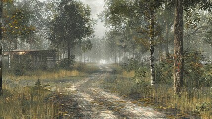 Wall Mural -   A painting portrays a dense woodland scene with a path leading to a rustic cabin amidst a hazy atmosphere