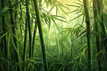 Poster - Serene bamboo forest with sunlight filtering through dense green leaves, creating a tranquil and refreshing natural scenery.