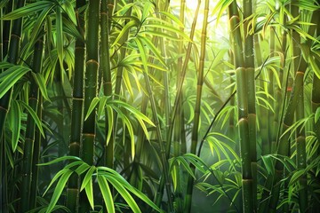 Poster - Serene bamboo forest with sunlight filtering through vivid green foliage; a peaceful and natural scene perfect for nature and relaxation themes.