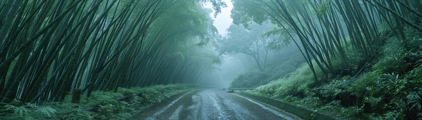 Poster - A serene view of a misty forest road surrounded by tall, lush greenery, creating a peaceful and enchanting natural scene.