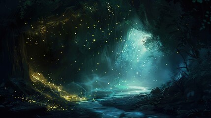 Sticker - A dark and mystical cave lit by the slow and rhythmic movement of glowing fireflies providing an ethereal and mysterious aura