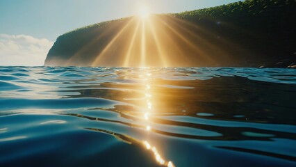 First-person perspective, realistic detailed picture, serene sea of water glowing wallpaper. 