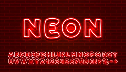 Wall Mural - Neon city color red font. English alphabet and numbers sign. Vector illustration