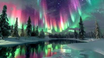 aurora lighting up the sky in antarctica above a lake surrounded by trees at night. the vibrant nort