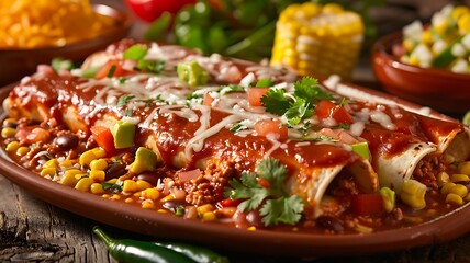 Wall Mural - Mexican food. Latin American cuisine. South American cuisine. Traditional enchilada dish with meat, vegetables, corn, beans and tomato sauce