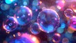 © horizon - Colorful bubbles floating in the air on a dark background. Bubbles flying around with colorful lights in the style of bubbles.