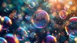 © horizon - Colorful bubbles floating in the air on a dark background. Bubbles flying around with colorful lights in the style of bubbles.