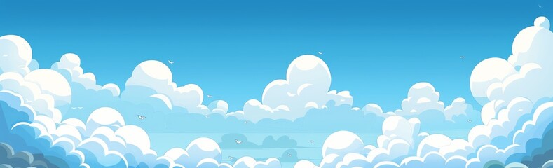 Wall Mural - A cartoon illustration of fluffy, white clouds drifting across a bright blue summer sky