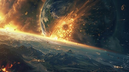 Canvas Print - a huge comet on impact on earth, planet earth, world, asteroid impact