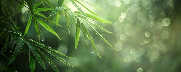 Poster - Close-up of fresh green bamboo leaves with dew drops, illuminated by soft sunlight and a bokeh background. Tranquil and natural atmosphere.