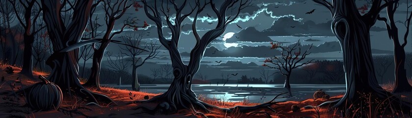 Eerie moonlit forest scene with shadowy trees and a mysterious lake reflecting the moonlight, creating a haunting atmosphere in the night.