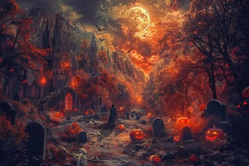 A fiery Halloween night scene with a full moon, glowing pumpkins, dark trees, and an eerie pathway leading through a graveyard.