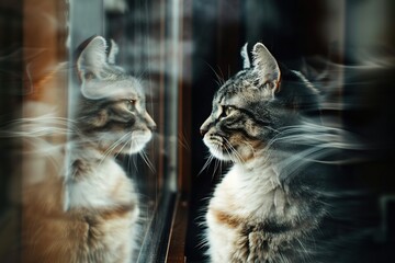Wall Mural - A photo of a cat standing in front of a mirror its reflection showing a distorted and blurred image of both a living and deceased cat