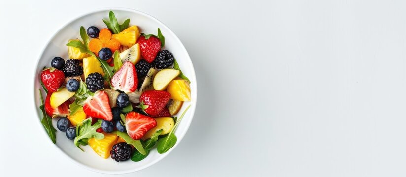 Summer salad with fruit in a white bowl against a white backdrop