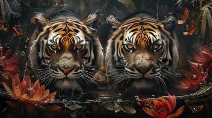 Canvas Print -   Two tigers standing next to each other in front of a body of water with flowers on either side