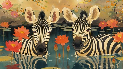 Canvas Print -  Two zebras stand beside each other in a pond with lily pads and water lilies