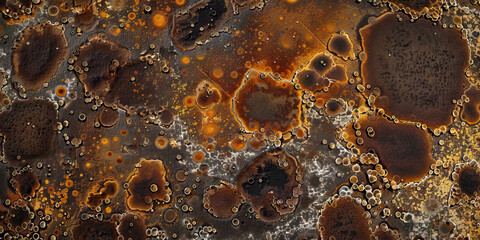 Poster - Rustic Brown Rust Remover Chemical Reaction: Microscopic examination of rustic brown-colored rust remover chemicals, illustrating their action in removing rust stains and oxidation