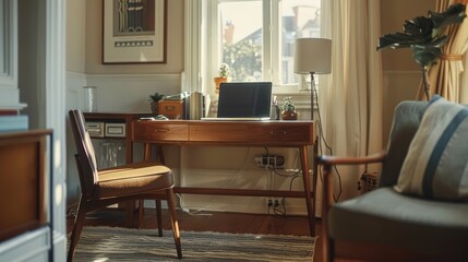 Stylish and Productive Modern Home Office Setup with Olympus OM-D E-M1 Mark III - Mixing Vintage and Modern Decor for a Relaxed Workspace