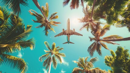 Wall Mural - a plane flies over a tropical island with palm trees, bottom view, bright sunny sky in paradise in vacation paradise