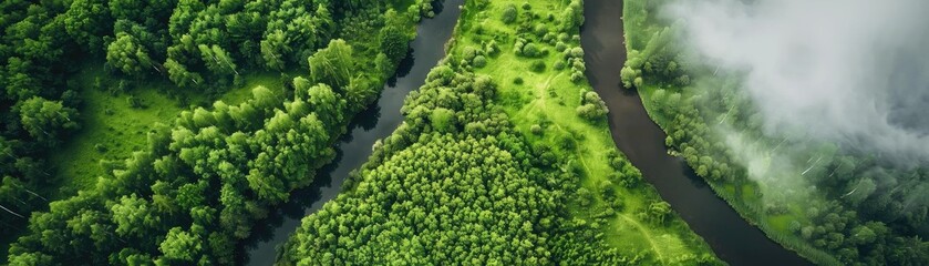 Wall Mural - Aerial view of lush green forest with winding river and misty clouds, showcasing the beauty of untouched nature and serene landscapes.