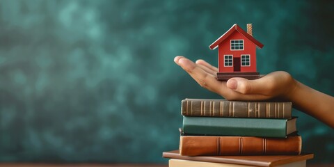 A hand holds a tiny house on top of several stacked books, representing the concepts of home, education, and stability, set against a blurred background.