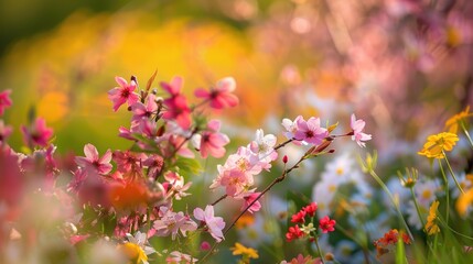 Vibrant Spring Garden: Cherry Blossoms and Wildflowers in Full Bloom Captured with Nikon D850 50mm f/1.8 Lens