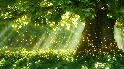 Wall Mural -   Large tree in forest filled with many green leaves and bright beams of sunlight shining through leaves