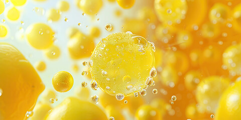 Wall Mural - Lemon yellow disinfectant particle effectiveness microbiology.  Close up liquid cleaner.