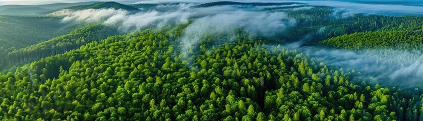 Wall Mural - A breathtaking aerial view of a lush green forest, with misty clouds rolling over the landscape, showcasing nature's beauty and tranquility.