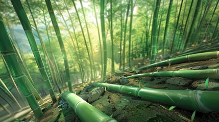 Poster - Beautiful green bamboo forest with sunlight filtering through, providing a serene and peaceful natural landscape, perfect for nature lovers.