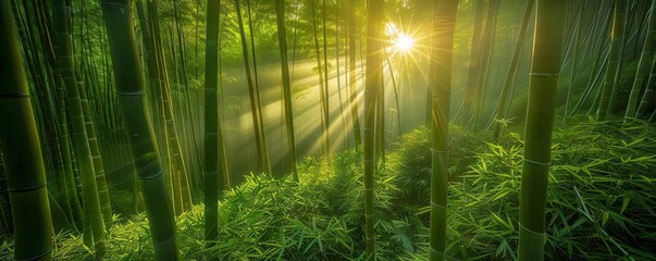 Poster - Serene forest of tall bamboo with sunlight filtering through the leaves, creating a peaceful and natural atmosphere.