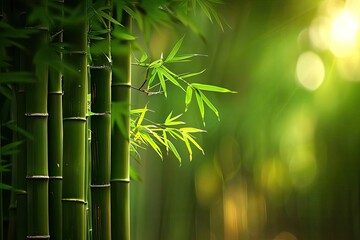 Poster - Serene view of vibrant green bamboo forest with sunlight filtering through leaves, creating a peaceful natural atmosphere.