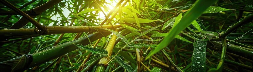 Poster - Sunlight filtering through dense bamboo forest, creating a serene and green natural atmosphere in this tranquil landscape.