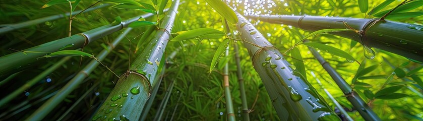 Poster - Sunlight filtering through lush green bamboo leaves and tall stalks, creating a serene and natural forest atmosphere.