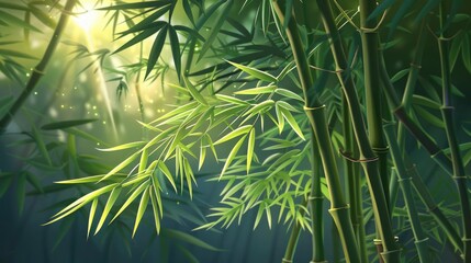 Poster - Green bamboo forest with sunlight filtering through, creating a peaceful and serene atmosphere in the natural setting.