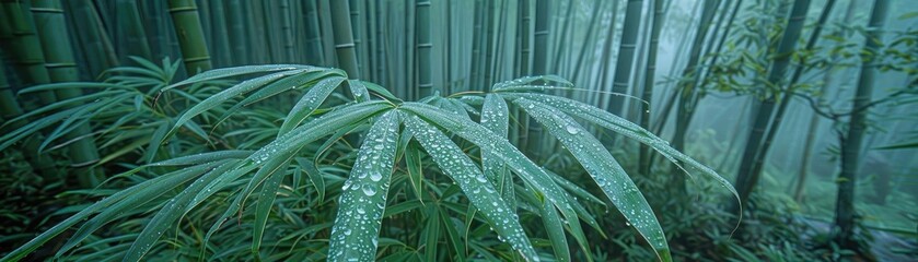 Poster - Serene bamboo forest with dewdrops on leaves, radiating tranquility and natural beauty. Perfect nature scene for relaxation and peaceful vibes.
