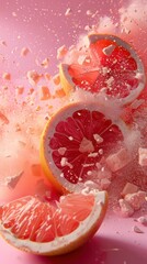 grapefruit slices with pink powder on a fuzzy pink background