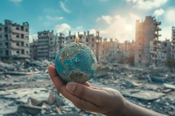 Melting Earth Globe with Candle, Hand Holding, Ruined City Background, Realistic Photography, Minimalist Setting