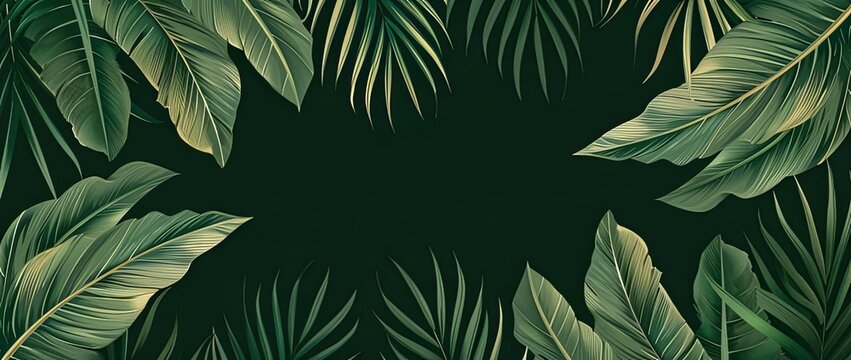 Elegant Dark Green Seamless Pattern with Fine Line Palm Leaves: Tropical Tranquility and Beauty