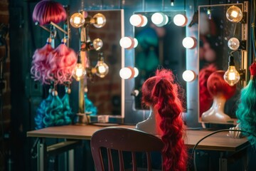 Various wigs hanging on the back of a chair in front of a dressing table with mirror with light bulbs