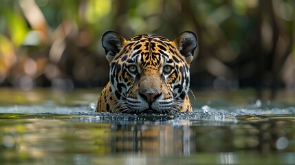 Wall Mural - Closeup of jaguar emerging from forest pond with intense gaze