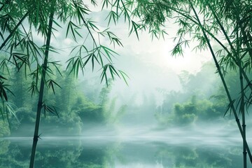 Poster - Serene bamboo forest landscape with misty lake reflecting lush green foliage, creating a tranquil and peaceful natural scene.