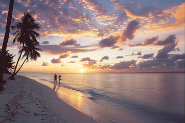 Wall Mural - Tropical beach, sunset, couple in love set on the beach