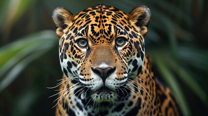 Wall Mural - Close up portrait of a jaguar against a blurred green foliage background