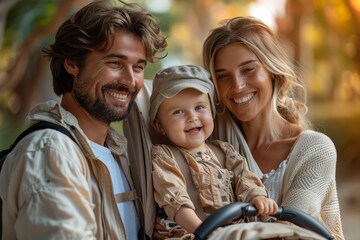 Smiling baby in stroller brings joy to young parents on a pleasant park walk.