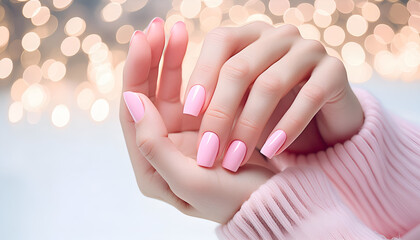 Wall Mural - Beautifull pink nails, Light pink nail arts on young women's hand