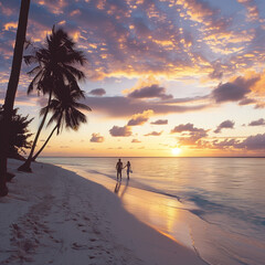 Wall Mural - Tropical beach, sunset, couple in love set on the beach