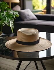 Wall Mural - hat on the terrace, Summer hat on a black stone table with modern black furnishings, black stone table with summer hat and black home interior with furniture, Summer hat isolated